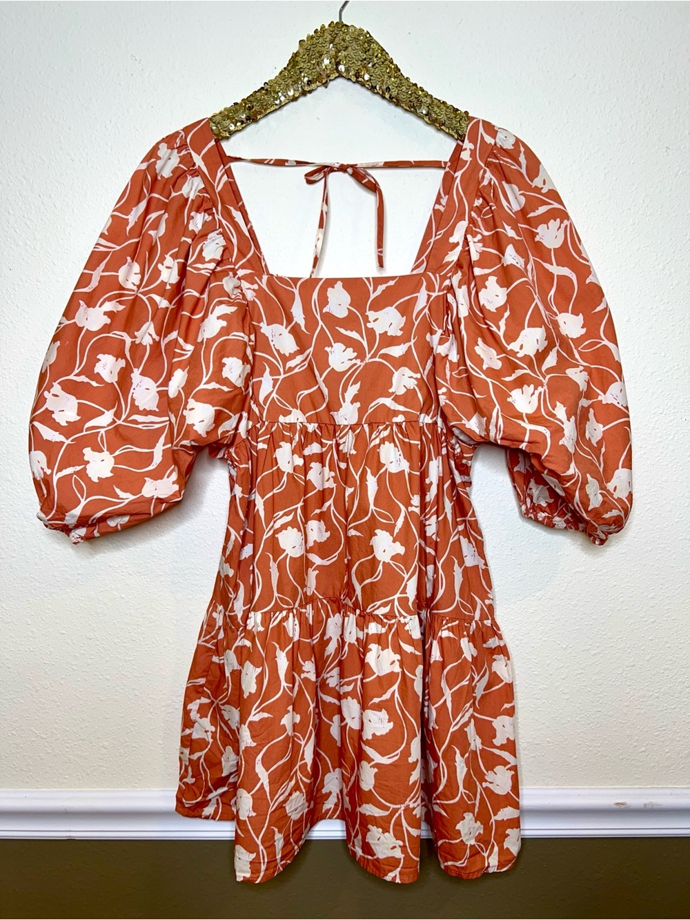 A New Day Rust Floral Puff-Sleeve Tie Back Mini Dress M